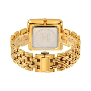Gold square quartz watch for men featuring metal link strap and detailed back view.