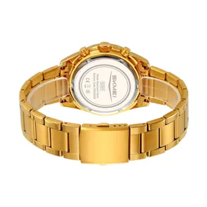Men's gold quartz watch with stainless steel strap waterproof business wristwatch.