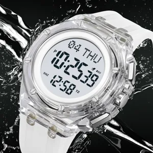 Men's Digital Watch Transparent Resin Case Silicone Strap Waterproof Multi-Function Sports Casual Wristwatch
