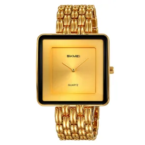 SKMEI Men Gold Square Quartz Watch Vintage Business Stainless Steel Casual Wristwatch