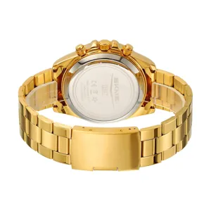 SKMEI men's stainless steel gold quartz watch with chronograph back case display detail.