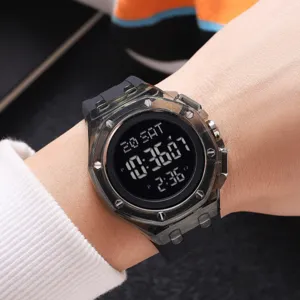 Men digital watch with transparent case and black strap, stylish waterproof outdoor sports watch.