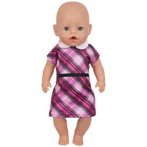 Vestido de Muñeca a Cuadros Cuello Peter Pan Verano Manga Corta Vestido Camisero Princesa Para Muñeca Bebé Juguete Ropa Accesorios