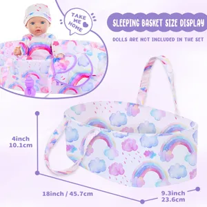 Detailed size display of the baby doll sleeping basket with rainbow cloud print and handles.
