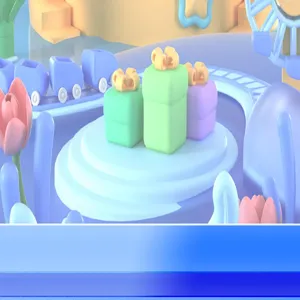 Cute 3D pastel amusement park scene backdrop and gift box decoration for toy display.