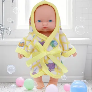 Cute baby doll with yellow hooded bathrobe and colorful balls, perfect gift for kids.