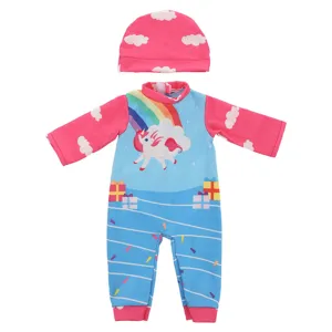 Detailed view of 43cm doll summer outfit set featuring a rainbow unicorn jumpsuit and cute cloud hat.