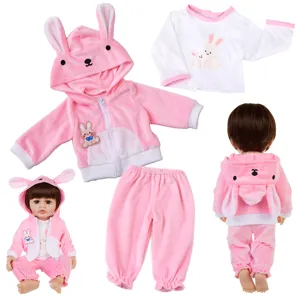 Süßes Plüsch Rosa Hasen Hoodie Oberteil Und Hose Für Reborn Baby Puppe Cartoon Weiche Puppenkleidung Bekleidung Zubehör