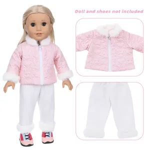 18 inch American girl doll winter plush pink coat and white trousers doll clothes set details