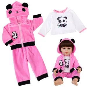 Cute pink panda hoodie and white t-shirt set for 22 inch reborn dolls detail view.