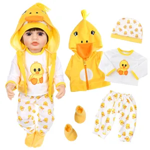 Cute 22-inch reborn doll clothes set with yellow duck hoodie, pants, hat and shirt.