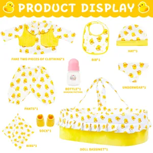 Cute Cartoon Yellow Duck Print Doll Clothes And Sleeping Basket Set For 18 Inch Dolls Fabric Pretend Play Reborn Baby Doll Accessories Set
