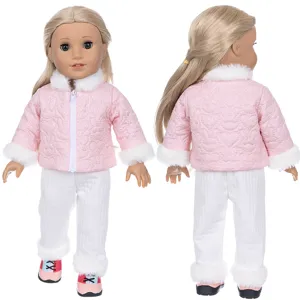 18 inch doll winter clothes set, pink faux fur jacket and white pants outfit for dolls.
