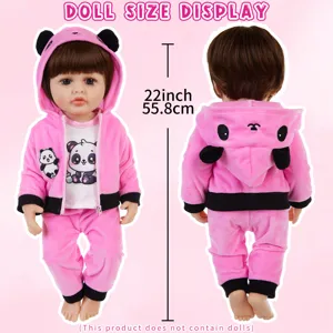 Pink panda plush doll clothes set for 22 inch reborn dolls, cute hoodie and pants outfit.