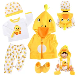 Details of 22 inch reborn doll clothes, cute yellow duck winter outfit set with hat and shoes.