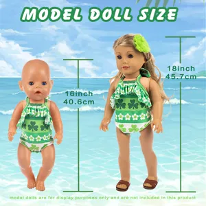 Summer swimwear doll clothes set fit for 16 and 18 inch dolls, green clover pattern outfit.