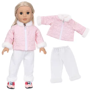 Detailed view of 18 inch doll winter plush jacket and white pants set, soft and warm.