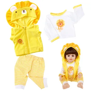 Detailed view of the cute lion doll clothes set, including hoodie, top and striped pants.