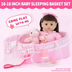 18 inch baby doll sleeping basket set with plush toy and feeding accessories for kids.