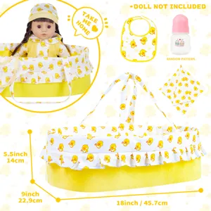 18 inch doll bassinet set with yellow duck pattern, includes baby doll basket, bib and bottle.
