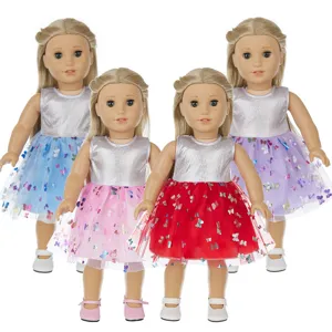 18 inch doll clothes set, summer sparkly silver top and colorful butterfly tutu dress 45cm.
