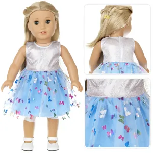 Close-up details of 18 inch doll dress, silver top and blue butterfly mesh skirt.