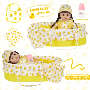 Baby doll sleeping basket set with cute duck pattern clothes, bib and feeding bottle parts.