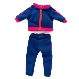Detailed view of 45cm doll tracksuit, blue sports jacket and pants set for fashion dolls.