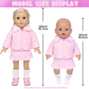 Pink quilted doll winter jacket and skirt set, fits 18 inch and 16 inch fashion doll models.
