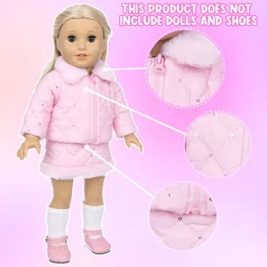 Details of 18 inch pink quilted doll jacket and skirt set, showing fuzzy collar and zipper craft.