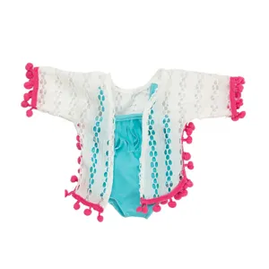 45cm doll summer swimsuit set with white lace cardigan and blue bathing suit for dress up.