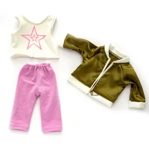 Detailed view of 45cm doll clothing set, featuring a stylish bomber jacket, top, and pants.