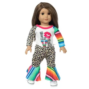 18-inch American girl doll outfit featuring long sleeve top and colorful flare pants.