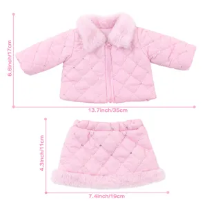 Pink plush collar doll jacket and skirt set for 18 inch dolls detailed dimensions view.