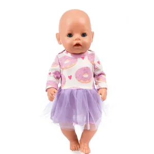 Doll clothes set for 45cm baby dolls, featuring a cute donut print top and purple tutu skirt.