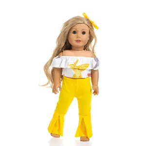 18-inch doll clothes set off-shoulder top flared pants yellow bow cute outfit details