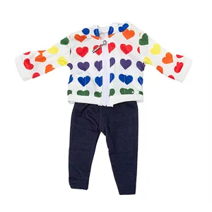Doll clothes set, colorful heart print hoodie and dark blue trousers fit 45cm dolls.