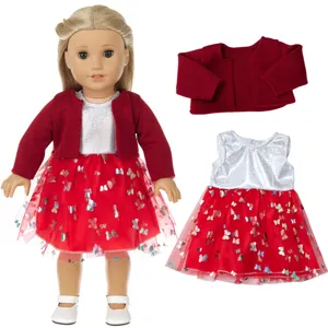 Close-up details of 18 inch doll clothes set, featuring red cardigan and butterfly dress.