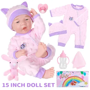 15 inch reborn babypop set met schattige roze kattenoutfit, flesje en pluche speelgoed.