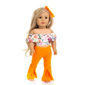 18 inch doll clothes cute off shoulder floral top orange flare pants for girl toys
