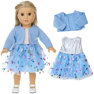 18 inch doll clothes set, blue cardigan and butterfly tutu dress for 45cm dolls outfit.