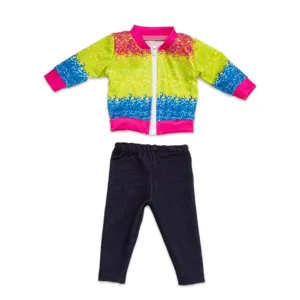 Detailed view of colorful doll jacket and dark pants set, perfect for 45cm dress up dolls.