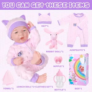 15 Inch Reborn Baby Pop Set Zacht Vinyl Pasgeboren Kind Speelgoed met Kleding Hoed Konijn Fles