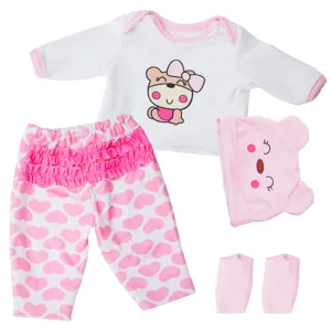 Cute 18 inch doll clothes set, cartoon bear top, heart print pants, hat and socks.