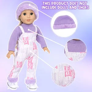 18 inch doll winter plush clothes set purple knitted sweater beanie and monogram overalls