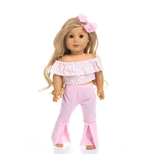 Close up detail of 18 inch doll pink off shoulder top with bell bottom pants set.