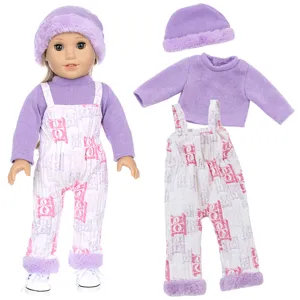 18 inch doll clothes winter plush purple sweater overalls hat set cute fashion outfit for girls