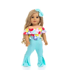 18 inch doll clothes set featuring an off-the-shoulder seashell top and blue bell-bottom pants.