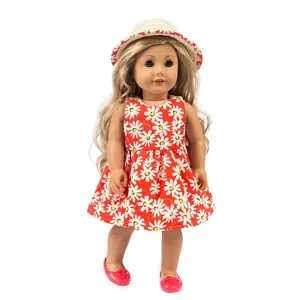 18 inch doll clothes set with red daisy dress straw hat and shoes for doll toys fashion design.