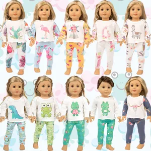 Doll Clothes For 18 Inch American Girl Dolls 45cm Doll Clothing Set Autumn Spring Long Sleeve Top And Pants Cartoon Print Outfits For Kids Gift